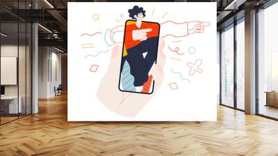 Business topics - mobile application. Flat style modern outlined vector concept illustration. A hand holding a smartphone with a young man inside, pointing the direction. Business metaphor. Wall mural