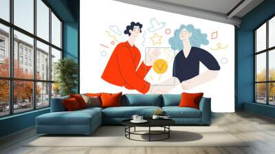 Business topics - partnership. Flat style modern outlined vector concept illustration. Young man and woman shaking their hands confirming the agreement, contract or partnership. Business metaphor. Wall mural