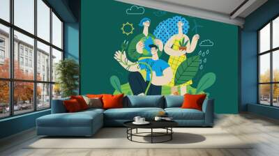 Ecology - Go green -Modern flat vector concept illustration of ecology metaphor, People surrounded by natural ecological and Renewable energy symbols. Creative landing web page template Wall mural