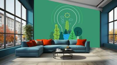 Ecology - Green energy -Modern flat vector concept illustration of electric light bulb filled with trees and plants. a metaphor of sustainable renewable energy. Creative landing web page template Wall mural