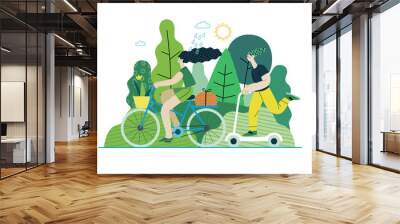 Ecology - Sustainable transport -Modern flat vector concept illustration of a young woman ridyng bycycle and a man on the scooter. Ecological transport metaphor. Creative landing web page illustartion Wall mural