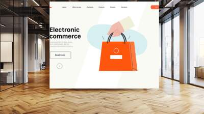 Electronic commerce -Online shopping and electronic commerce series -modern flat vector concept illustration of a hand holding paper shopping bag. Promotion, discounts, sale and online orders concept Wall mural