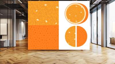 Food patterns, summer - fruit, orange texture, half of orange image on the side -two seamless patterns of the orange pulp full of white seeds and rind with little holes, orange background Wall mural