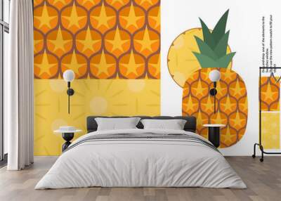 Food patterns - fruit, vector flat pineapple texture - two seamless patterns of brown pineapple rind full of orange spines and yellow juicy pulp, and flat simple entire pineapple with a round chunk Wall mural