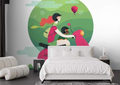 Girl on a scooter - flat vector concept illustration of ginger girl wearing helmet riding a pink scooter, brown french bulldog on lap wearing small helmet, pink air balloon - green background Wall mural