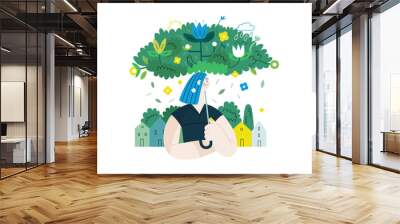 Greenery, ecology -modern flat vector concept illustration of a woman under the green lush umbrella of plants and flowers. Metaphor of environmental sustainability and protection, closeness to nature Wall mural