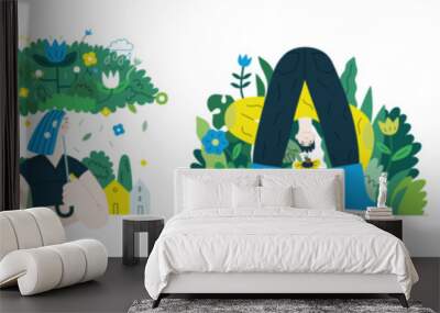 Greenery, ecology -modern flat vector concept illustration of people and plants. Metaphor of environmental sustainability and protection, closeness to nature, green life, ecosystem and biosphere Wall mural