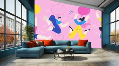 happiness - happy young man and woman jumping in the air cheerfully. modern flat vector concept illu Wall mural