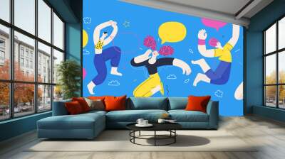 happiness - happy young man and woman jumping in the air cheerfully. modern flat vector concept illu Wall mural