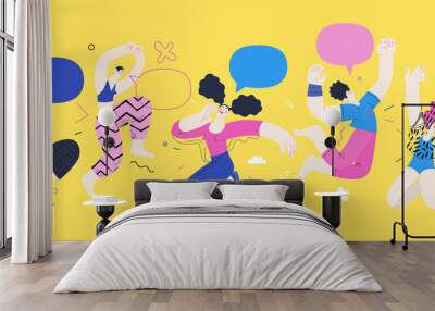 Happiness - happy young man and woman jumping in the air cheerfully. Modern flat vector concept illustration of a happy jumping and dancing person. Feeling and emotion concept. Wall mural