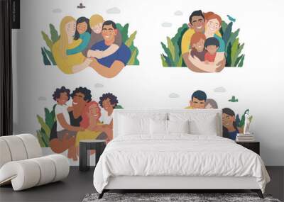 Happy international family with kids -family health and wellness -modern flat vector concept digital illustration of a happy family of parents and children, family medical insurance plan Wall mural