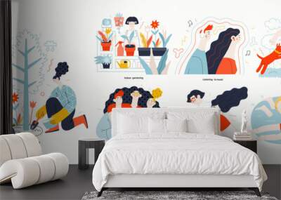 Lifestyle series set - modern flat vector illustrations of people living their lives and engaging in a hobby. People society activities methapors and hobbies concept Wall mural