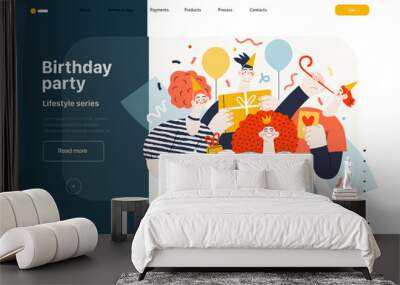 Lifestyle web template - Birthday party - modern flat vector illustration of men and women celebrating birthday, giving presents. People activities concept Wall mural