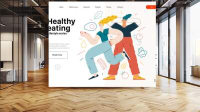 Lifestyle web template - Healthy eating - modern flat vector illustration of a woman and a man practicing healthy balanced diet. People activities concept Wall mural