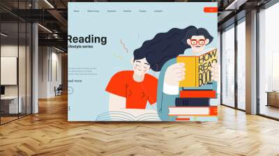 Lifestyle web template - Reading - modern flat vector illustration of a man and a woman reading the books. People activities concept Wall mural