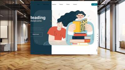 Lifestyle web template - Reading - modern flat vector illustration of a man and a woman reading the books. People activities concept Wall mural