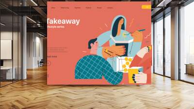 Lifestyle web template - Takeaway - modern flat vector illustration of a group of friends eating takeaway food from boxes sitting at home. People activities concept Wall mural