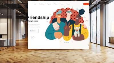 Lifestyle website template - Friendship - modern flat vector illustration of a happy young man and women embracing and posing together. People activities concept Wall mural