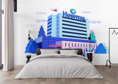 Medical insurance - hospital facilities and services - modern flat vector concept digital illustration - a hospital building with an ambulance car and a helicopter above, medical office or laboratory Wall mural