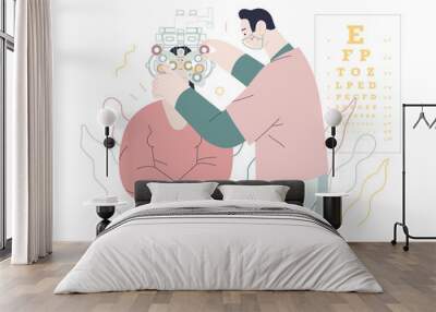 Medical tests template - c -modern flat vector concept digital illustration of eye test procedure -a female patient and a doctors with phoropter, ophthalmologic office Wall mural