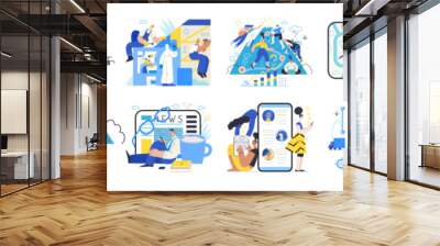 Memphis business illustration, company - modern outlined flat vector concept illustrations set, corporate Corporate Memphis style business metaphor Wall mural