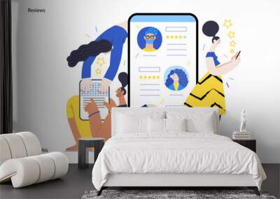 Memphis business illustration. Reviews -modern flat vector concept illustration of people rating articles and writing reviews. Corporate business reputation metaphor. Wall mural