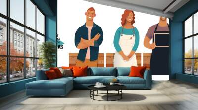 Owners -small business owners graphics. Modern flat vector concept illustrations -young man crossing hands, young woman wearing white apron, young man with a blackboard, standing at the wooden counter Wall mural