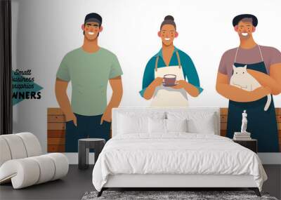 Owners -small business owners graphics. Modern flat vector concept illustrations - young woman wearing white apron, with cup, young man with cat, young man baseball cap, standing at the wooden counter Wall mural