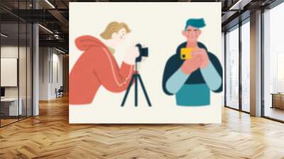 People portrait - Taking photos -Modern flat vector concept illustration of a people taking photo with a phone or camera, half-length portrait, user avatar. Creative landing web page template Wall mural