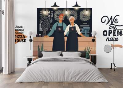 Pizza house -small business graphics -owners. Modern flat vector concept illustrations - man and woman wearing aprons at the wooden counter, interior decoration -blackboard, chalk lettering, plants Wall mural