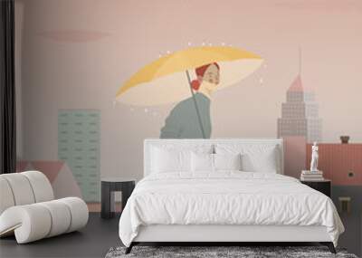 Rain - standing girl -modern flat vector concept illustration of a young ginger woman wearing oriental clothes, with umbrella, standing in the rain in the street, in front of city houses and cars. Wall mural