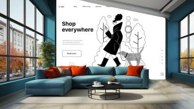 Shop everywhere -Online shopping and electronic commerce web template -modern flat vector concept illustration of woman walking with dog and shopping. Promotion, discounts, sale, online orders concept Wall mural