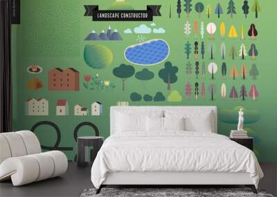 Summer landscape constructor set - kit of city and park landscape elements - houses, trees, cars, roads. Travel to tourist camp. Wall mural