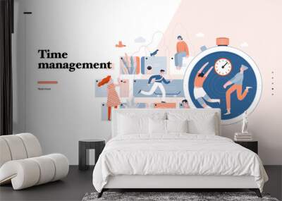 Technology 3 -Time management - modern flat vector concept digital illustration of time management metaphor, a stopwatch, timeline and people in workflow. Creative landing web page design template Wall mural