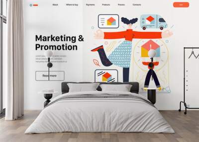 Technology Memhis -Marketing and Promotion modern flat vector concept illustration marketing metaphor, company brand promotion. Business workflow management Creative landing web page template Wall mural