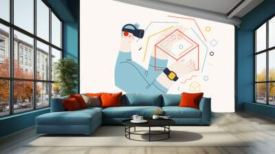 Technology Memphis - virtual reality -modern flat vector concept digital illustration of a man wearing VR goggles headset touching a simulated 3d construction. Creative landing web page illustration Wall mural