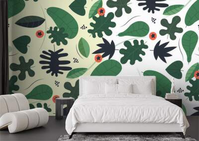 Transparent seamless green pattern with leaves, needles and orange berries. Could be combined with any color background. Ideal for web or interior decoration. Wall mural