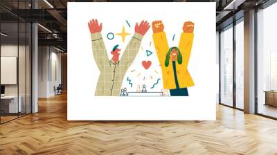 Valentine: Joyful Success - modern flat vector concept illustration of a happy couple celebrating winning at chess with raised arms. Metaphor of love, shared achievement, affection, connection Wall mural