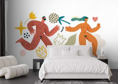 Valentine: Love Chase - modern flat vector concept illustration of laughing naked couple running in a floral environment. Metaphor of sex, affection, love, pursuit in romance Wall mural