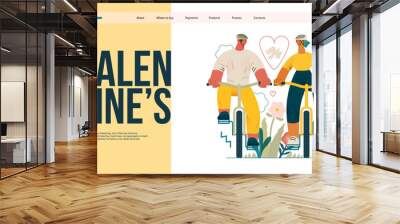 Valentine: Tandem Journey - modern flat vector concept illustration of a couple riding the bicycles together. Metaphor for the synchronized journey of a relationship Wall mural