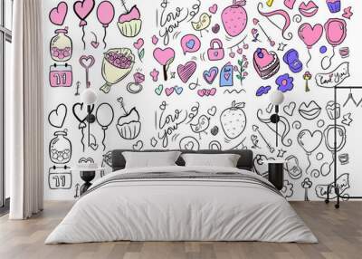 3D Valentine element.Variant pink color on valentine celebration. Big set of lovely objects for st. Valentines day in doodle style on white background Wall mural