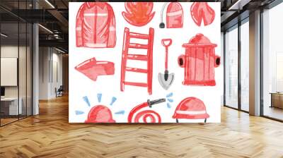 set of watercolor fire equipment isolated on white background Wall mural