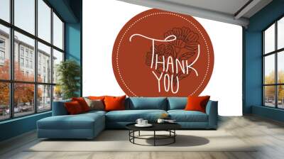 Thank you handwritten with floral line isolated on white background. Hand drawn lettering style calligraphy. Wall mural