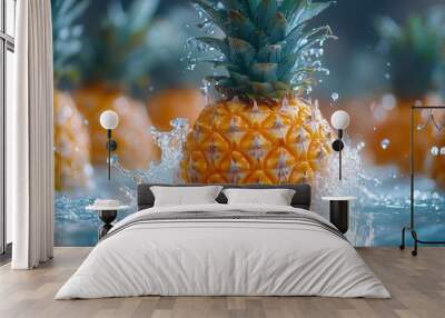 Fresh Pineapple Splashing in Water on Blue Background, Summer Refreshment Generative AI Wall mural