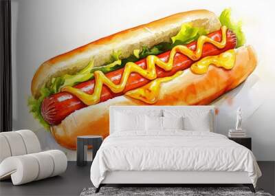 Watercolor Style Hot Dog on White Background for Food Illustration Generative AI Wall mural