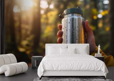 Hiker Drinking from Metal Water Flask on Forest Trail Wall mural