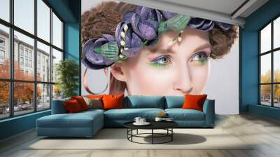 beauty - young hairstyle model in wreath of flowers art portrait Wall mural