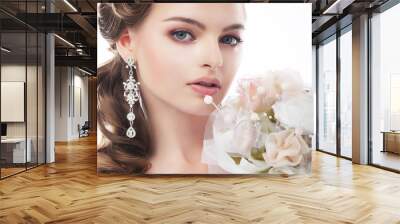 Portrait of beautiful young bride isolated on white background Wall mural