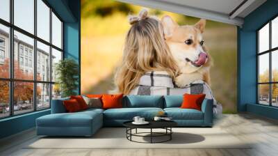 Woman holds corgi dog on her shoulder while standing on lawn. Dog licks his lips and looks happy. Concept of caring for pet, walk in nature in summer. Wall mural