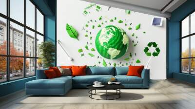 A stylized depiction of a green earth globe surrounded by a ring of eco-friendly icons (wind turbines, solar panels, recycling symbols) Wall mural